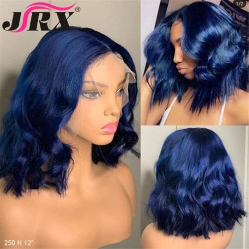180% Density Dark Blue Colored Lace Front Human Hair Wigs With Baby Hair Short Wave Brazilian Remy Lace Wigs For Black Women