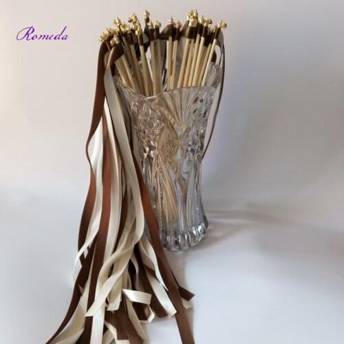 Hot Selling 50pcs/lot brown & cream stain ribbon wedding stick wands With gold Bells for wedding party