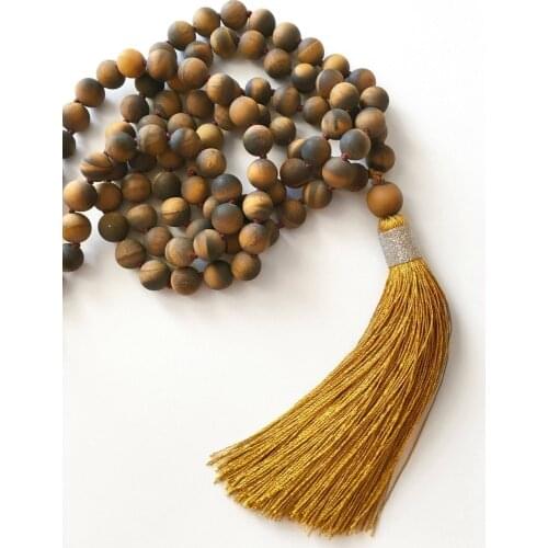 Matte Tiger Eye Necklace 108 Mala Tassl Necklace Hand Knotted Mala Necklaces Meditation Jewelry Yoga Prayer Necklaces Mens Gift
