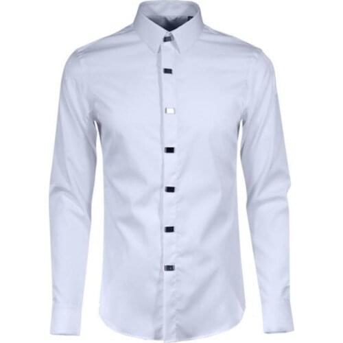 New Arrival 100% Cotton Men Shirt With Black Solid Color Long Sleeve Square Rivets Mens Dress Shirt Luxury Slim Fit Casual Shirt