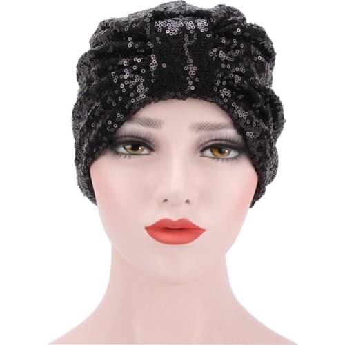 2020 New Fashion Elegant Women Sequins headscarf caps wrap head turban soft knotted turban Beanie Cap Turbante for ladies