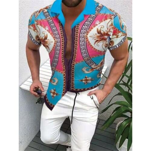 2021 Hot Sale European American Mens Clothing Casual Fashion Printed Shirt Single-Breasted Cardigan Short sleeve Shirt Men