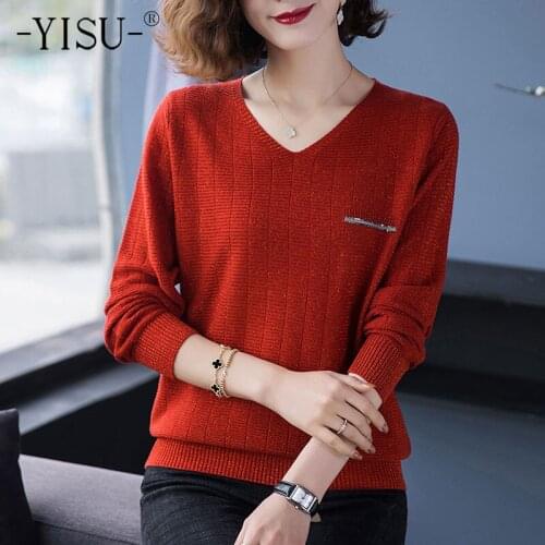 YISU 2021 Spring Women Sweater V-Neck Spring tops Wool Long sleeve Female Jumper Casual Stripe All-match pocket Knitted pullover
