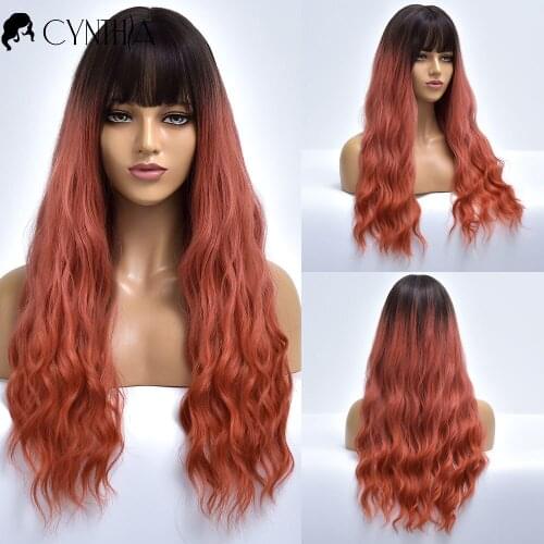 Wine red Long Wave Ombre Nutural Hair Synthetic Wig With Bangs For White Women Heat Resistant Daily Cosplay Female Fiber Wig