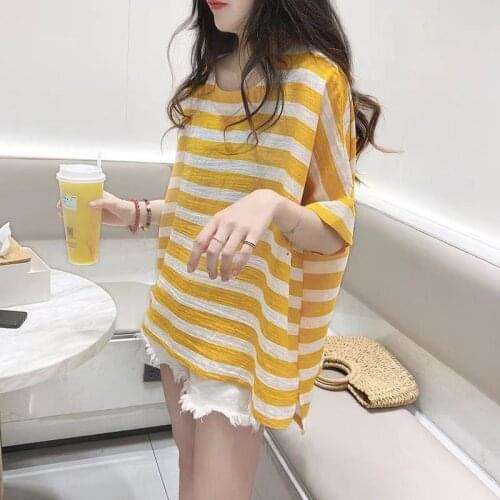 Woman Tshirt 2021 Summer New Korean Fashion Bat Sleeve O Neck Female Irregular Striped T-shirt A-line Loose Casual Harajuku Tops
