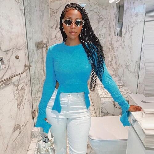 Sky Blue Womens Slim Fit Irregular Top Fashion Round Neck Full Sleeve Cropped T-shirt Style Style Female Waist Shape Tee New