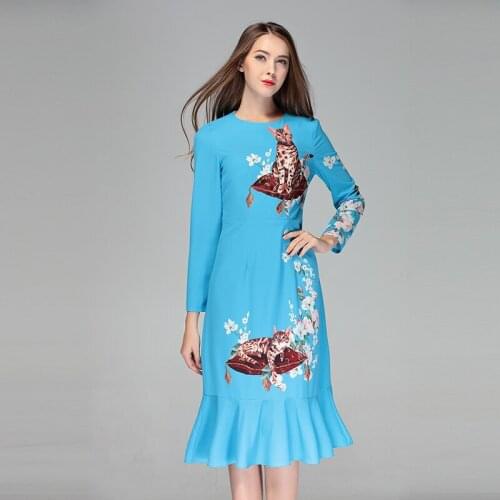 Europe Fashion Autumn New Arrival Trumpet O-Neck Full Sleeve Cat Flower Print Best Quality Knee-Length Dress Women