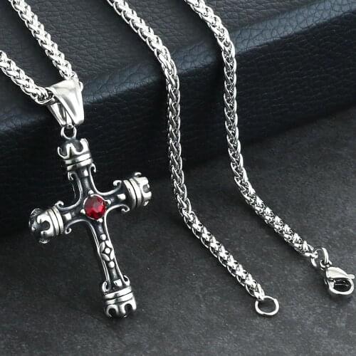 2019 Mens Stylish Stainless Steel Cross Pendant Necklace Charms Red Crystal Chain kolye Womens Statement Birthday Jewelry NC193