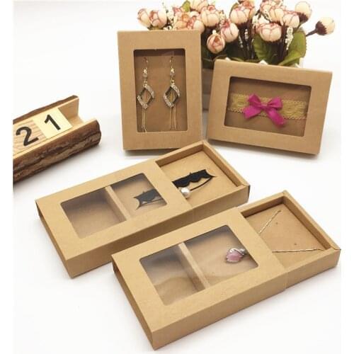 24 Sets Paper Packaging Jewelry Gifts Boxes Clear PVC Window Displays Earring/Necklace/Shoulder Strap/Chains Drawer Packing Box