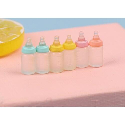6Pcs/set 0.8*2cm Resin Dollhouse Miniatures Milk Bottle Baby Bottle Model Doll House Decor Random Color