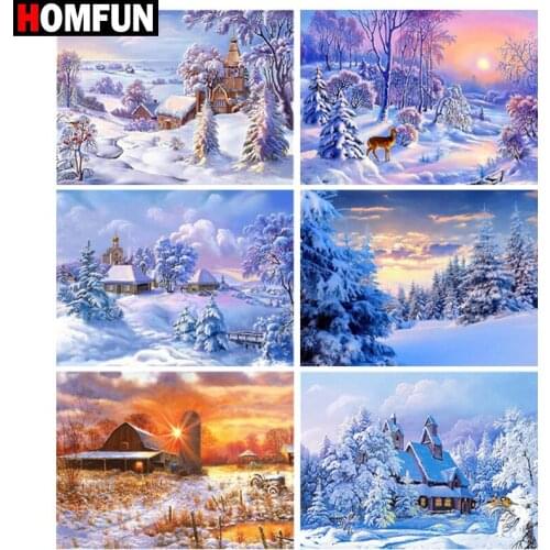HOMFUN Diy Full Square Round Drill 5D Diamond Painting Cross Stitch Diamond Embroidery "House snow east view" Home Decor Gift