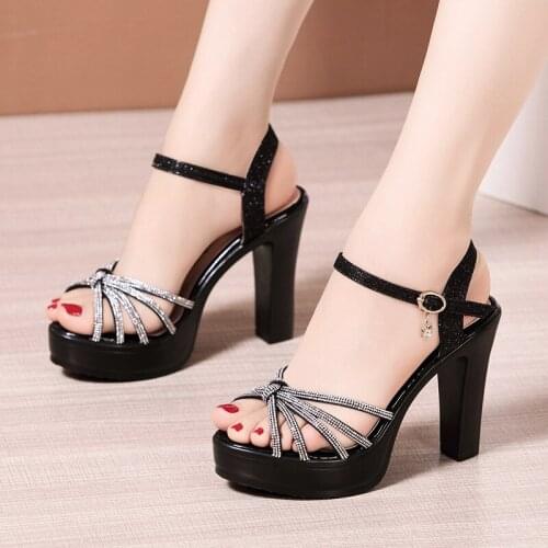 2021 high-heeled wide-heeled Sandals thick-soled waterproof runway show high-heeled shoes large-size rhinestone button sandals