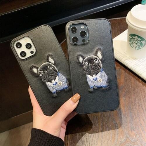 Floral 3D Embroidery Dog Case for iphone 12 11 Pro Shockproof Smart PU Leather Cover for iPhone XR XS MAX 7 8 Plus X Armor Coque