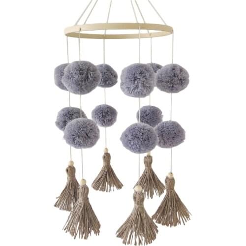 D7WF Nordic Baby Crib Wooden Mobile Rattle Colorful Pom Pom Plush Ball Tassels Wind Chimes Hanging Toy Nursery Room Decor