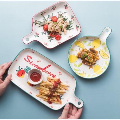 EECAMAIL Underglaze Japanese Style Handle Plate Cute Baked Rice Baking Plate Oven Cutlery Western Plate Bread Baking Plate