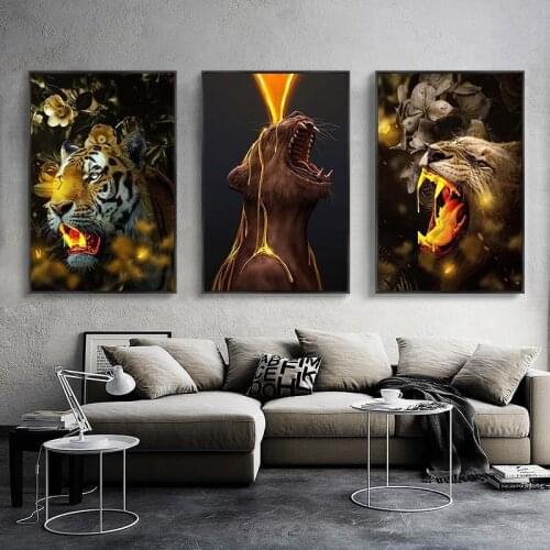 Creative Animal Poster Tiger Leopard and Wolf with Golden Teeth Canvas Art Painting Modern Nordic Home Decoration Living Room