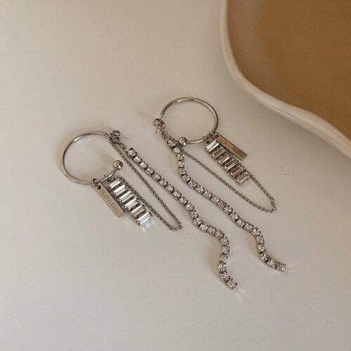 MINAR Fashion Sparkly Crystal Rhinestone Long Tassel Earrings for Women Metal Alloy Chain Asymmetry Hook Earrings Party Jewelry