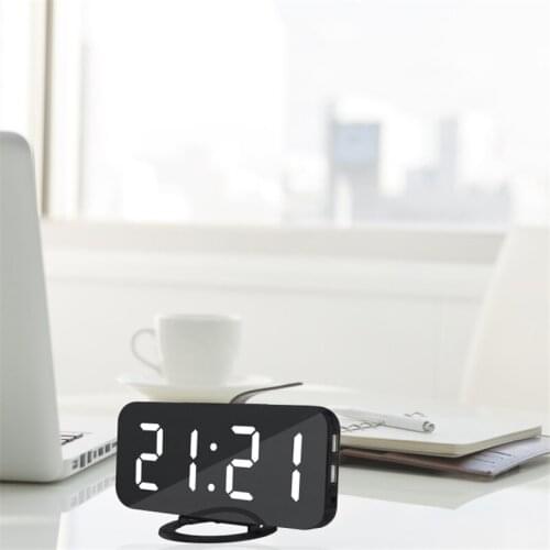 Multifunction LED Mirror Alarm Art Digital Wall Clock Port Modern Mirrored Electronic Snooze Analog Table Clock Phone Charging