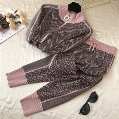 Fashion Women Tracksuit Patchwork Turtleneck Zipper Knitted Cardigans Sweater Pants Suit 2 Piece Set Elastic Trousers Outfits