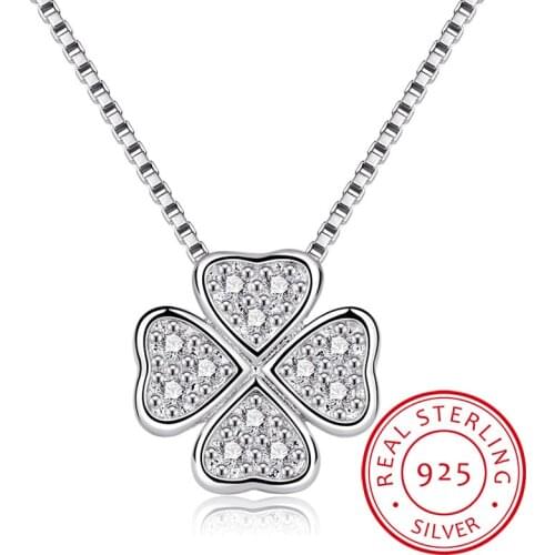 Real 925 Sterling Silver Jewelry Love Clover Necklaces & Pendants Rhinestones Fashion Choker Maxi Necklace Women Collares