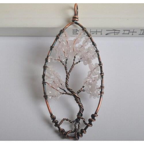 Natural Handmade Tree of life Rose Crystal Bronze Copper Wire Wrap GEM Pendant Jewelry S1305