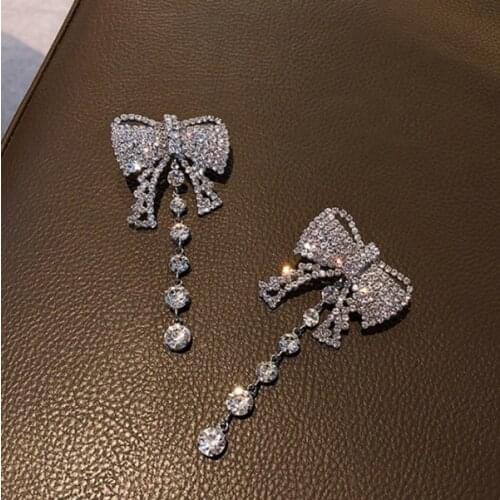 2020 New Contracted Metal Rhinestone Bowknot Modelling Drop Earrings Long Tassel Shiny Crystal Fashion Women Earrings Senior