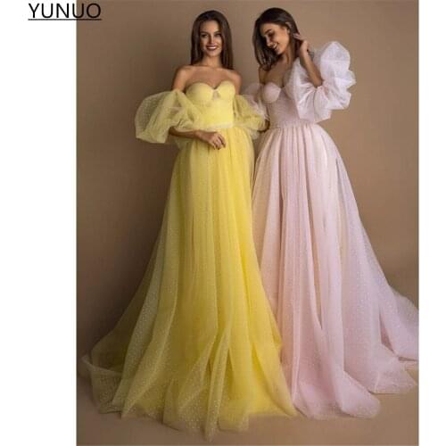 YUNUO Sweetheart Beading Yellow/Pink Prom Dresses robes de soirée Detachable Short Sleeves Formal Evening Gowns Long vestidos
