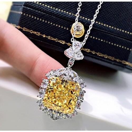 Real 925 Sterling Silver Sparkling 13*13mm Big Topaz High Carbon Diamond Pendant Necklace For Women Wedding Party Fine Jewelry
