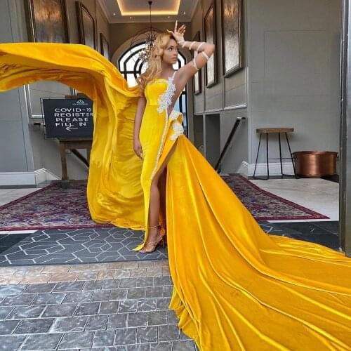 Sexy Yellow Evening Dress Crystals Women Long Bandage Velvet High Split Prom Formal Dresses Applique vestido de fiesta