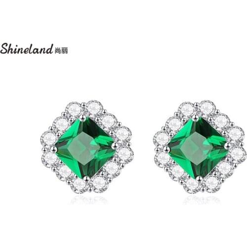 Shineland Retro Classic Green Stone Geometric Stud Earrings for Women Crystal Rhinestones Female Brincos Trendy Jewelry Gift
