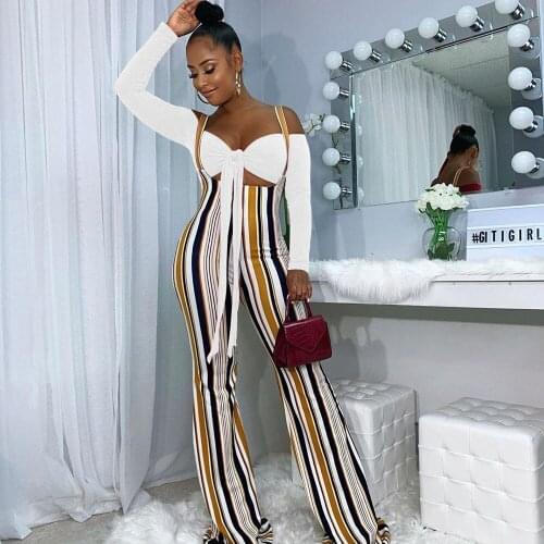 Plaid Striped 2 Piece Set for Women Clothes 2020 Bow Tie Strapless Crop Top Overalls Flare Pants Matching Sets Sexy Club Outfits
