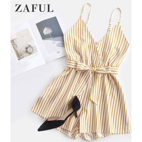 ZAFUL Womens Playsuits Shorts Striped Surplice Cami Romper Sleeveless V-Neck Casual Loose Beach Rompers Sexy Jumpsuit