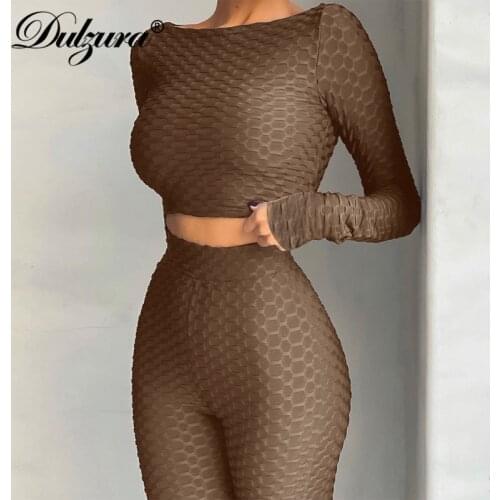 Dulzura Honeycomb Women 2 Piece Set Long Sleeve Gym Top O Neck Leggings Bodycon Sexy Sporty Tracksuit 2020 Autumn Winter Outfit