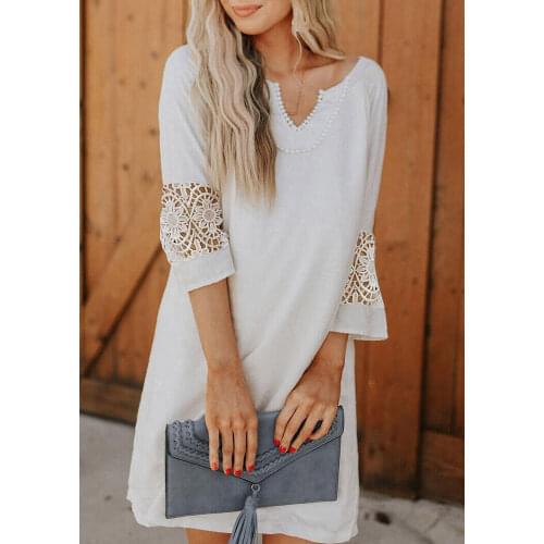Lace Three-quarter Sleeve White Dress Women Casual Loose Temperament Intellectual Gentle Solid V-neck Summer Ladies Dresses
