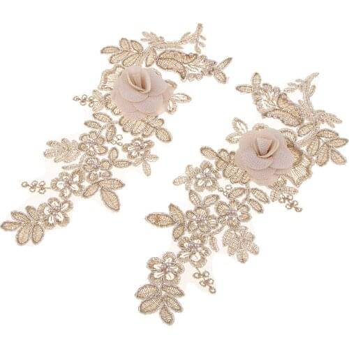 1 Pair Lace Trim Bridal Embroidery Motif Wedding Gown Applique Patches Cloth