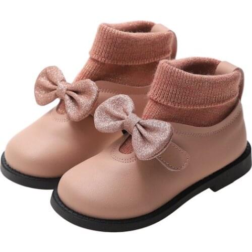 2021 Children Princess Boots Baby Butterfly-knot Samll Lenther Shoes Girls Fashion Boots Warm Cotton Woollen Short Boots 21-30
