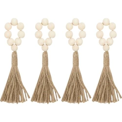 4PCS Wood Bead Garland Napkin Rings With Tassels Rustic Napkin Holder Decorative Ring Wall Hanging Decorative Ornaments