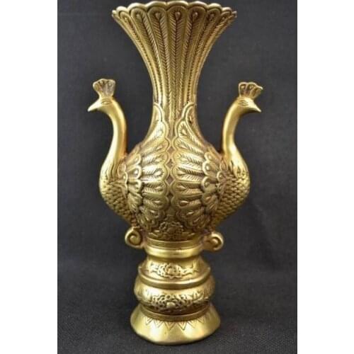 7.37" Elaborate Chinese Old Collectible Decorated Handwork Brass Double Peacock Noble Vase
