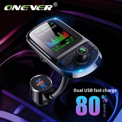 Onever Car FM Transmitter Pantalla a Color Bluetooth 5.0 Wireless Modulator Mp3 Player QC 3.0 Dual USB charger Voice broadcast