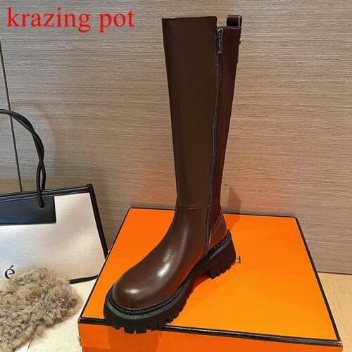 Krazing pot cow leather gladiator round toe winter daily wear platform riding boots med heels heroic beauty thigh high boots l56