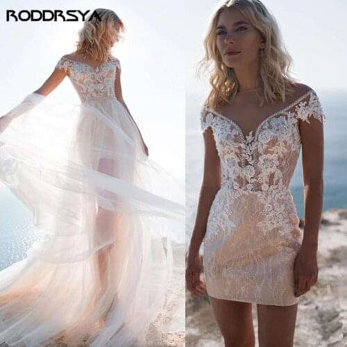 Elegant 2 Pieces Beach Wedding Dresses Detachable Train Skirt Jewel Neck Beads Appliques Lace Bridal Wedding Gowns Customize