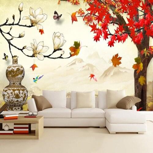Custom Mural Wallpaper 3d Nature Wall Painting Chinese Style Maple Leaf Tree Flower Home Decor For Living Room Papel De Parede