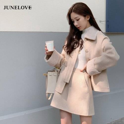 JuneLove Women Winter Warm Single Breasted Teddy Bear Coats Jackets Two Pieces Vintage Loose Office Lady Sets Suits Outwears