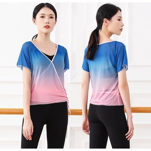 Gradient Color classical dance wear See Through Short Sleeve Mesh Practice Gauze Classic Dance Dress Side Lacing Modern Dance