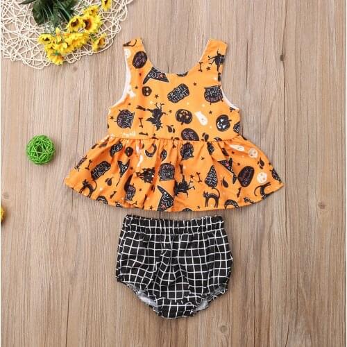Halloween Party Toddler Baby Girls Clothes Sets Sleeveless Cartoon Print Vest Tops+Plaid PP Shorts Outfit