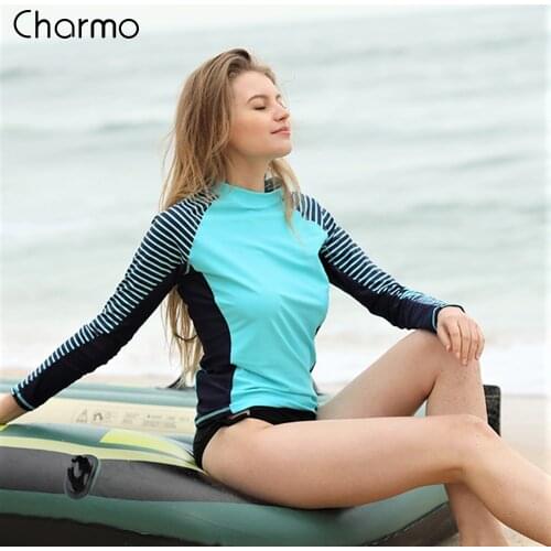 Charmo Women Long Sleeved Rashguard Swimwear Striped Rash Guards Patchwork Surfing Swimsuits For Women Running Top UPF50