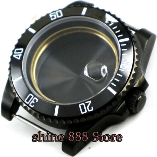 Newest HOT 40mm stainless black PVD CASE hardened mineral sapphire glass fit 2836 Miyota 82 movement Mens Watch Case
