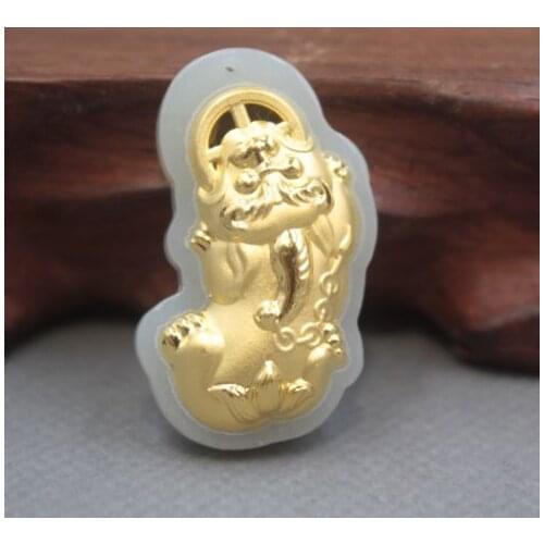Natural Hetian Jade Nephrite with 24K Gold Blessing Pixiu Pendant 35mm H