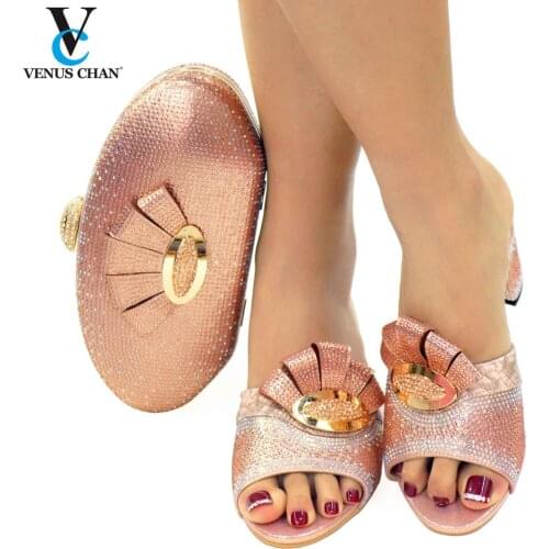 Arrival Italian Design Fashion Crystal Nigerian New Style Champagne Color Women Shoes and Bag Set With Slipper