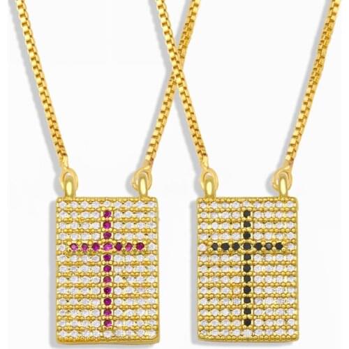 FLOLA Gold Chain Cross Necklace For Women Square Pendant Necklace CZ Pave Cubic Zirconia Wholesale Jewelry Gifts 2021 nket38